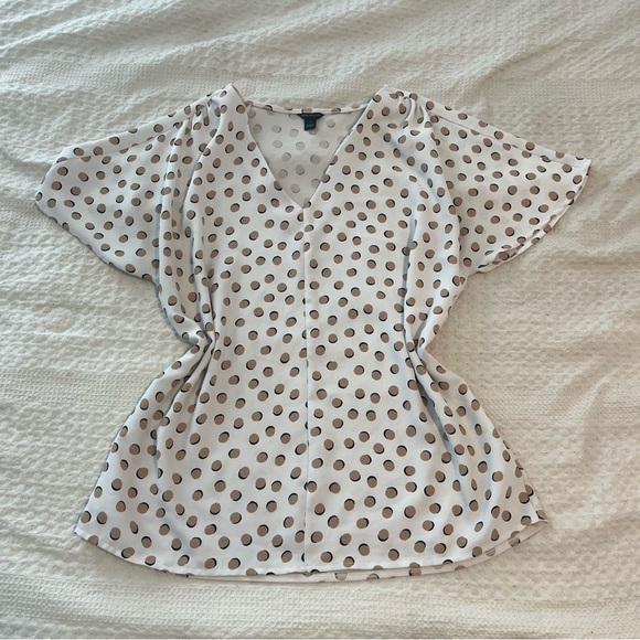 Ann Taylor White and Brown Polka Dot V-Neck Blouse - Picture 1 of 6